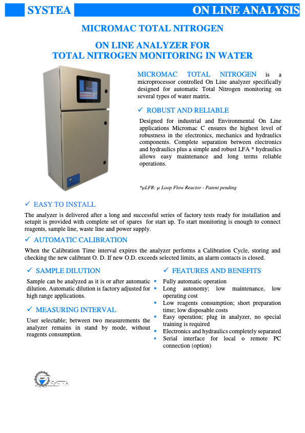 MicC_uLFR HT FC - TN@220nm - Micromac Total Nitrogen - Systea Datasheet