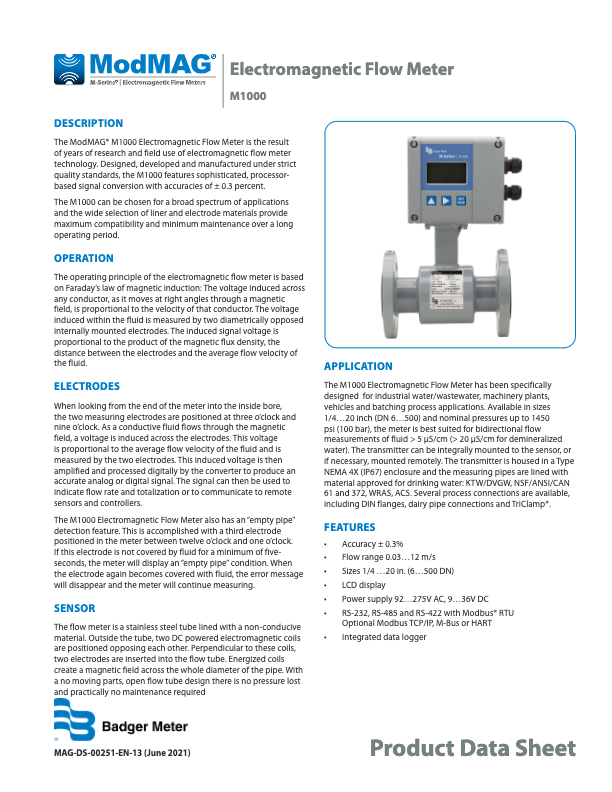  ModMAG M1000 Datasheet_Badger Meter Electromagnetic Flow Meter_M-Series