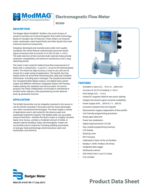 ModMAG M2000 Datasheet_Badger Meter Flow Meter_MSeries