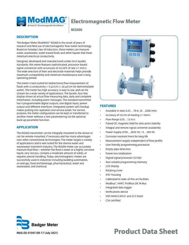  ModMAG M2000 Datasheet_Badger Meter Electromagnetic Flow Meter_M-Series