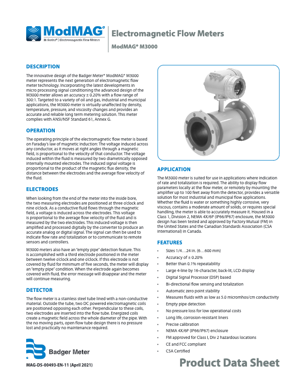  ModMAG M3000 Datasheet_Badger Meter Electromagnetic Flow Meter_M-Series