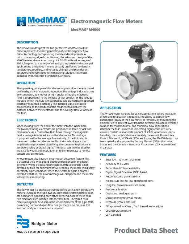  ModMAG M4000 Datasheet_Badger Meter Electromagnetic Flow Meter_M-Series