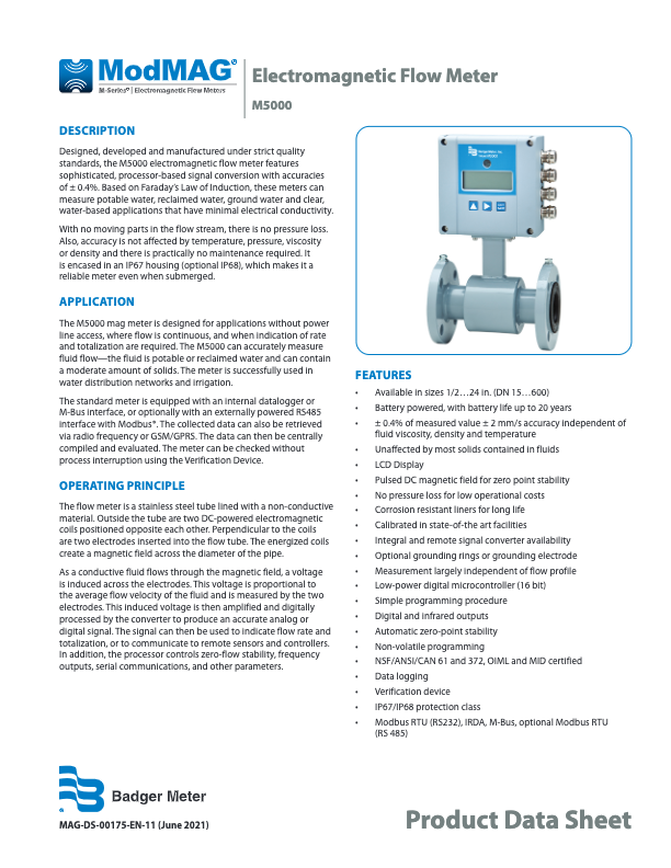  ModMAG M5000 Datasheet_Badger Meter Electromagnetic Flow Meter_M-Series