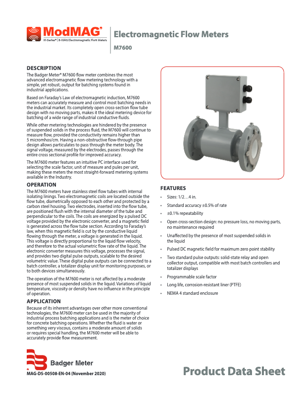  ModMAG M7600 Datasheet_Badger Meter Electromagnetic Flow Meter_M-Series