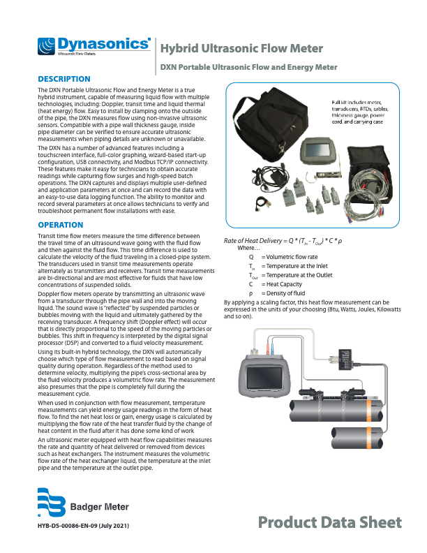 Dynasonics DXN Datasheet_Badger Meter_Portable Clamp-on Ultrasonic Flow Meter