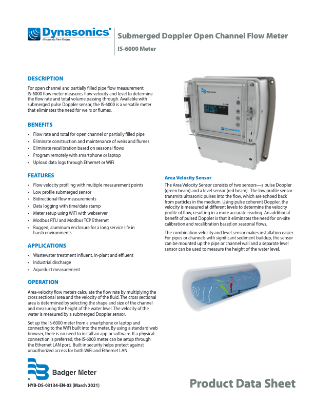 Dynasonics IS-6000 Datasheet_Badger Meter_Submerged Doppler Open Channel Flow Meter