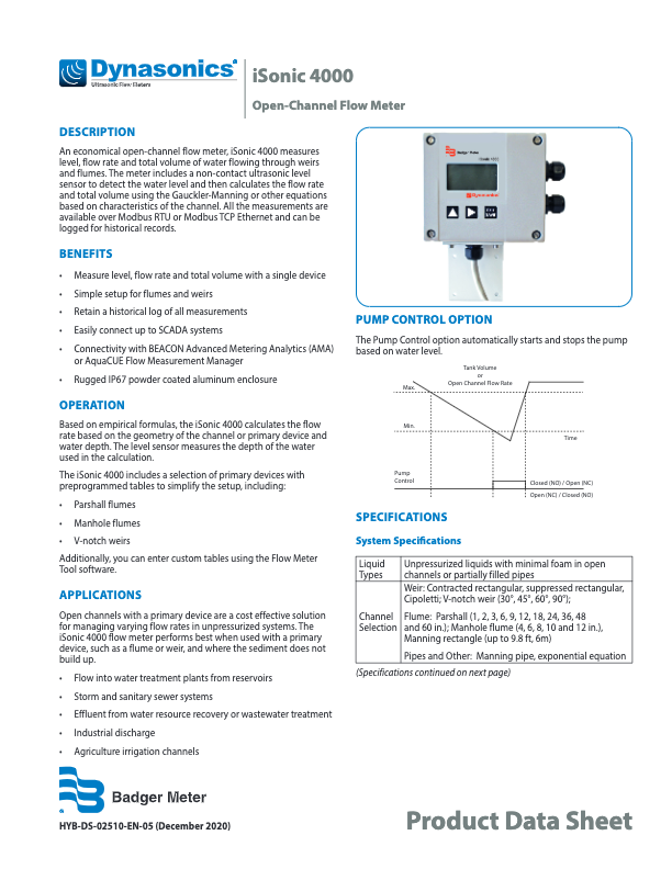 Dynasonics iSonic 4000 Datasheet_Badger Meter_Open-Channel Flow Meter