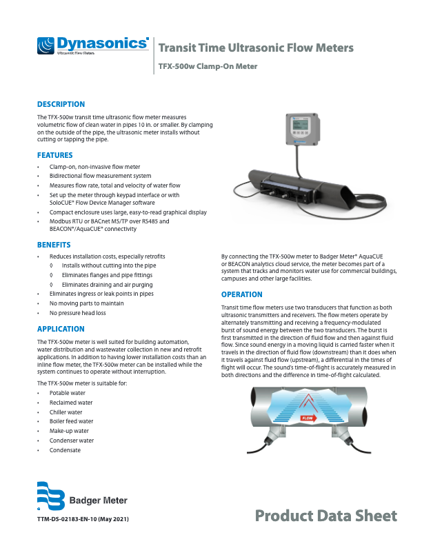 Dynasonics TFX-500w Datasheet_Badger Meter_Clamp-On Transit Time Ultrasonic Flow Meters