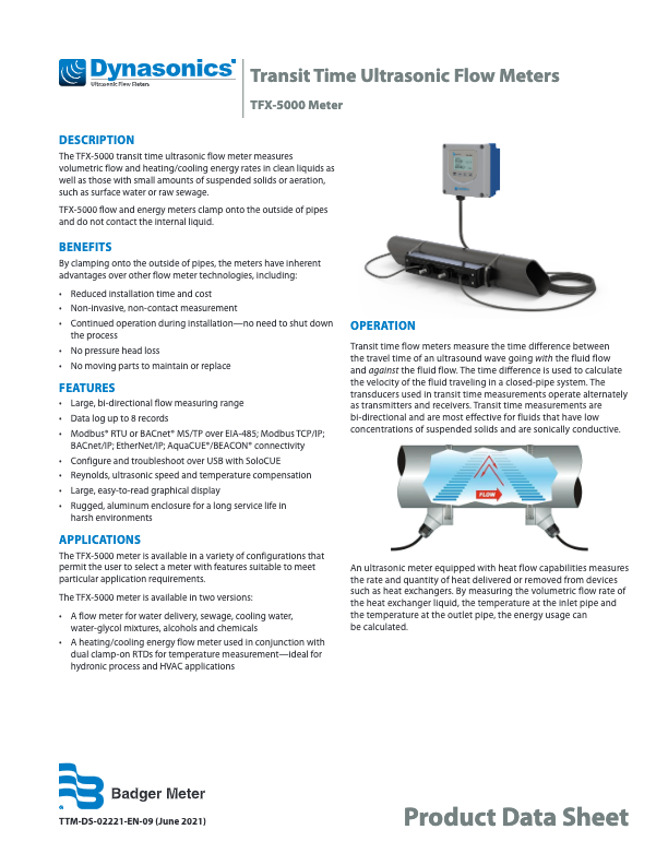 Dynasonics TFX-5000 Datasheet_Badger Meter_Transit Time Ultrasonic Flow Meters