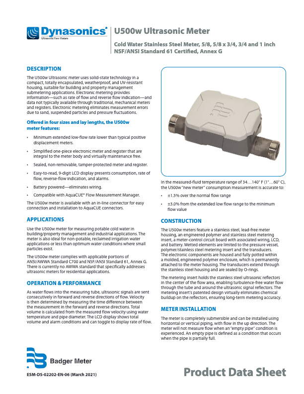 Dynasonics U500w Datasheet_Badger Meter_Ultrasonic Cold Water Meter_Product line 1