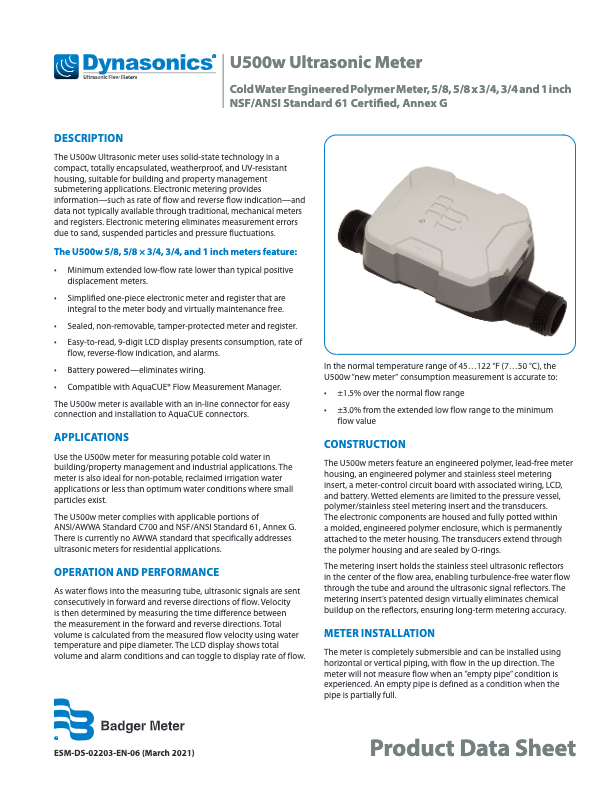 Dynasonics U500w Datasheet_Badger Meter_Ultrasonic Cold Water Meter_Product line 2