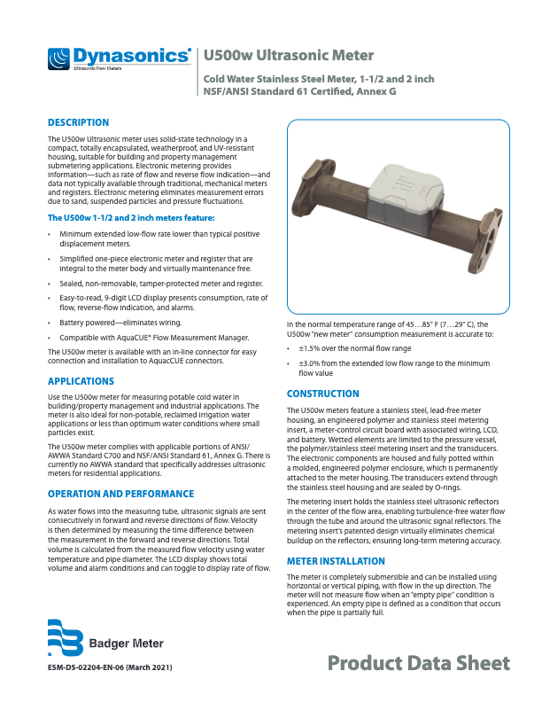 Dynasonics U500w Datasheet_Badger Meter_Ultrasonic Cold Water Meter_Product line 3