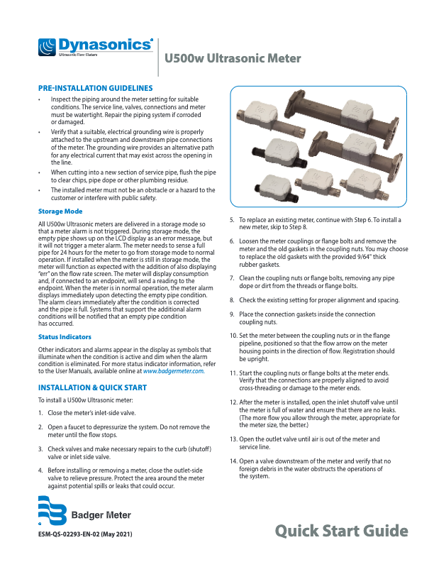 Dynasonics U500w Manual_Badger Meter_Ultrasonic Cold Water Meter_Product line 1