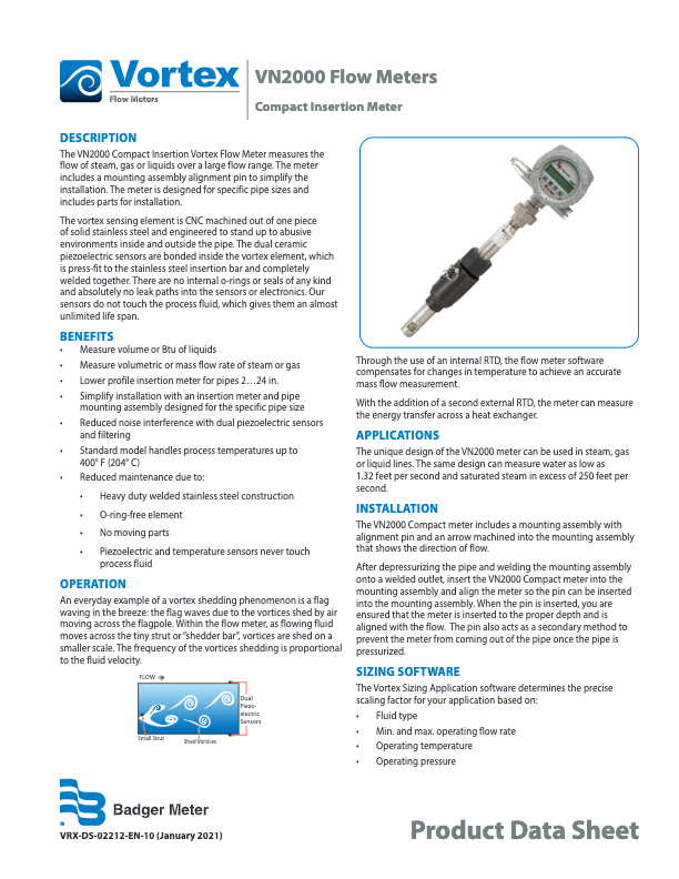 Vortex VN2000 Datasheet_Badger Meter_Compact Insertion Flow Meter