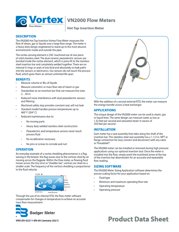 Vortex VN2000 Datasheet_Badger Meter_Flow Meters Hot Tap Insertion