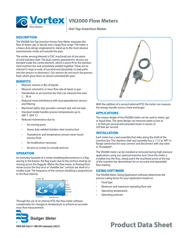 Vortex VN2000 Datasheet_Badger Meter_Flow Meters Hot Tap Insertion Meter