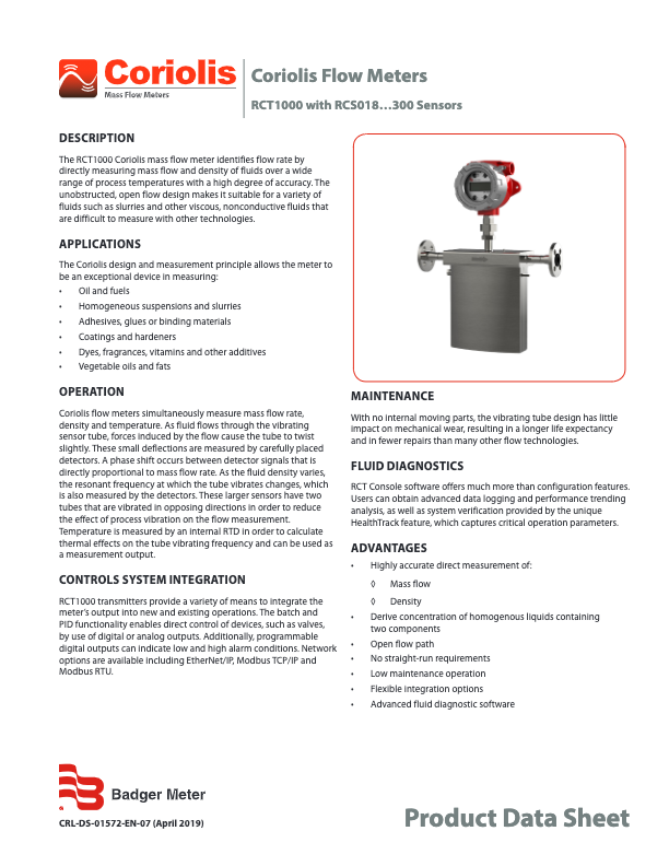 Coriolis RCT1000 Datasheet_Badger Meter_RCT1000 with RCS018...300 Sensors