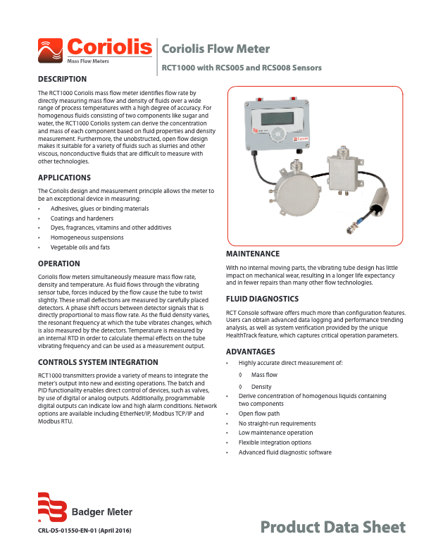 Coriolis RCT1000 Datasheet_Badger Meter_RCT1000 with RCS005 and RCS008 Sensors