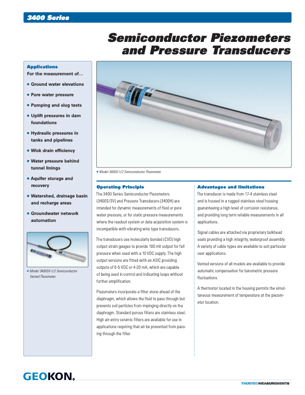 3400 GEOKON_Semiconductor Piezometer Pressure Transducers_Datasheet