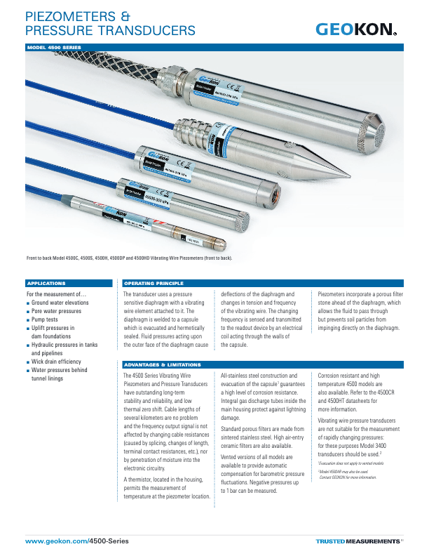 4500 Piezometers Pressure Transducers Datasheet