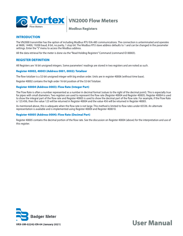 Vortex VN2000 Manual_Badger Meter_Compact Insertion Flow Meter