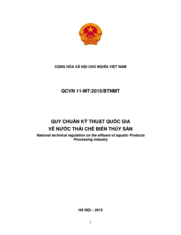 QCVN 11-MT:2015/BTNMT Quy chuẩn kỹ thuật quốc gia về nước thải công nghiệp chế biến thuỷ sản