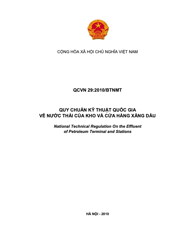 QCVN 29:2010/BTNMT Quy chuẩn kỹ thuật quốc gia về nước thải của kho và cửa hàng xăng dầu