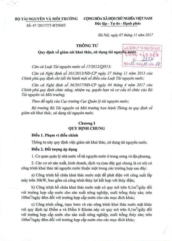 Thông tư 47/2017/TT-BTNMT - Quy định về giám sát khai thác, sử dụng tài nguyên nước